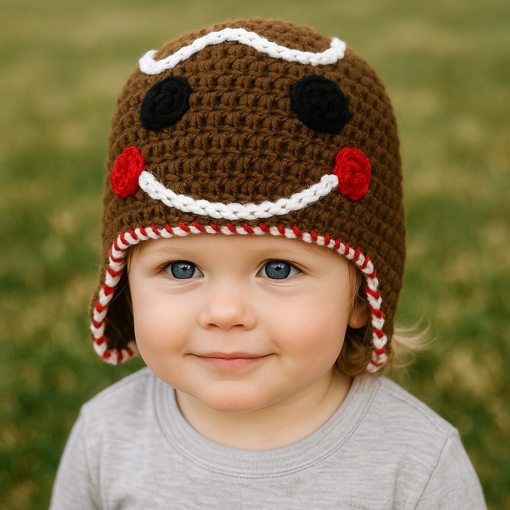 Handmade Gingerbread Man Crochet Hat – Brown Holiday Beanie – Child‎ Size